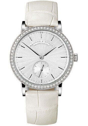 A. Lange & Sšhne Saxonia Automatic Ladies Watch - 34mm White Gold Case - Diamond Bezel - Silver Dial - White Alligator Strap