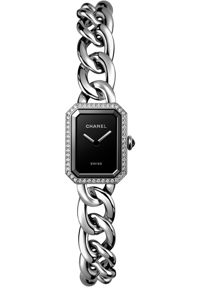 Chanel Premiere Gourmette Chain Quartz Watch - Small Steel Diamond Case - Black Dial - Steel Chain Bracelet - H7021