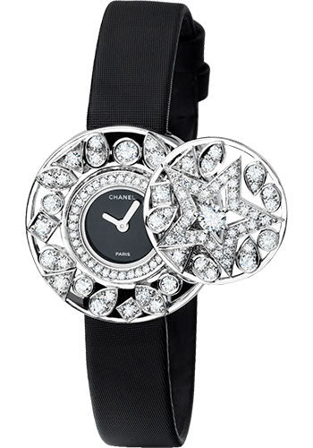 Chanel Comete Jewelry Watch - Secret Watch With Star Motif - White Gold Case - Black Satin Strap - J10605