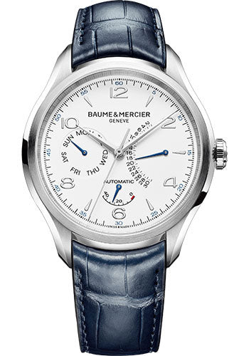 Baume & Mercier Clifton Automatic Watch - Retrograde - 43 mm Steel Case - Dial - Blue Alligator Strap
