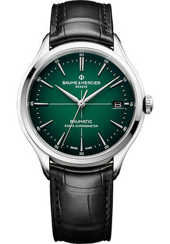 Baume & Mercier Clifton Automatic Watch - COSC Certified - Date - 40 mm Steel Case - Green Dial - Black Alligator Strap