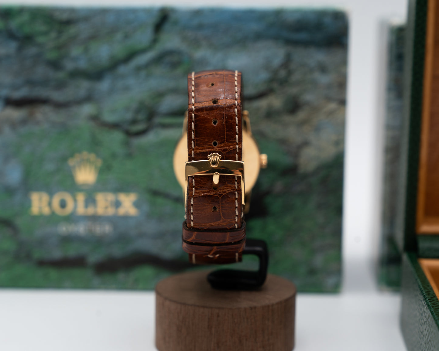 Rolex Cellini 33mm 5116 Yellow Gold Case Black Dial Brown Strap