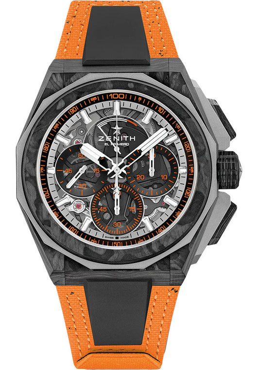 Zenith Defy Extreme E Island X Prix Watch - 45 mm Carbon And Ti Case - Tinted Sapphire Dial - Orange Velcro (Recycled Tires) Strap - 10.9100.9004-4/26.I305