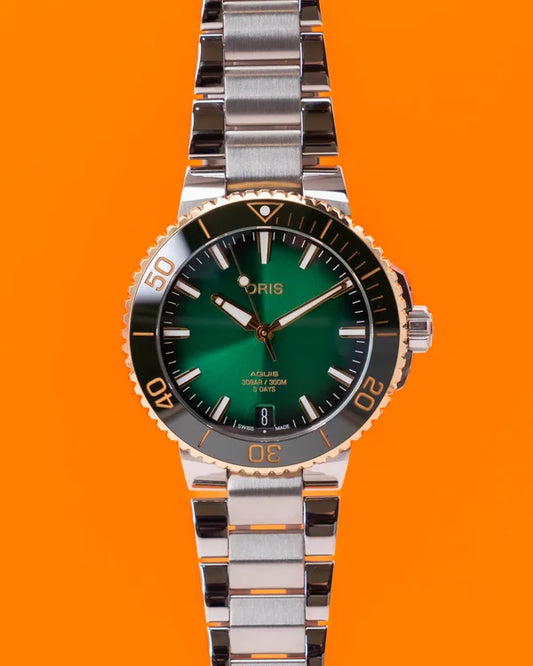 Oris Aquis Date Calibre 400 41.5mm 01 400 7769 6357-07 8 22 09PEB Green Dial Two Tone Bezel