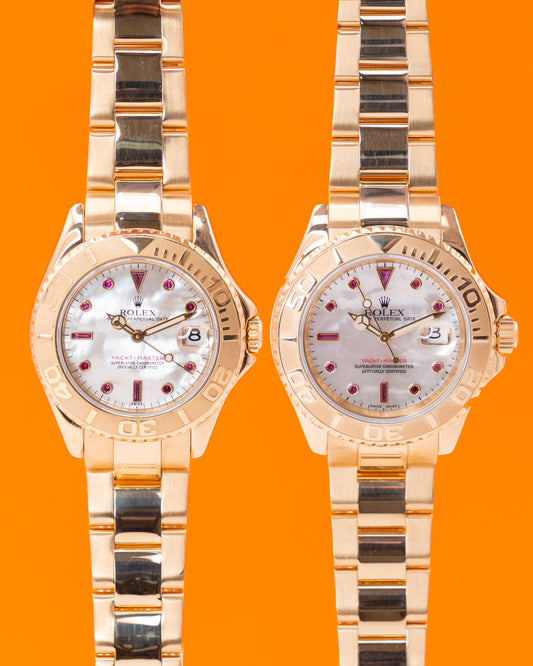 HIS AND HERS PAIR Rolex Yacht Master 40mm 16628 Yellow Gold Mother of Pearl Ruby Dial
