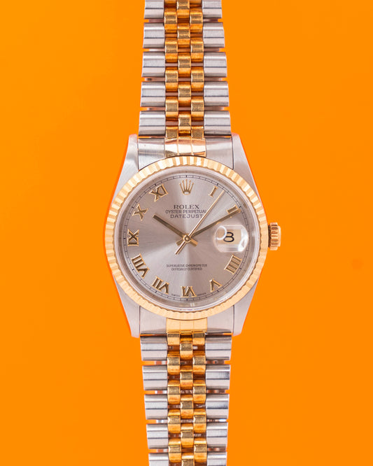 Rolex Datejust 36mm 16233 Silver Roman Dial Two Tone Yellow Gold