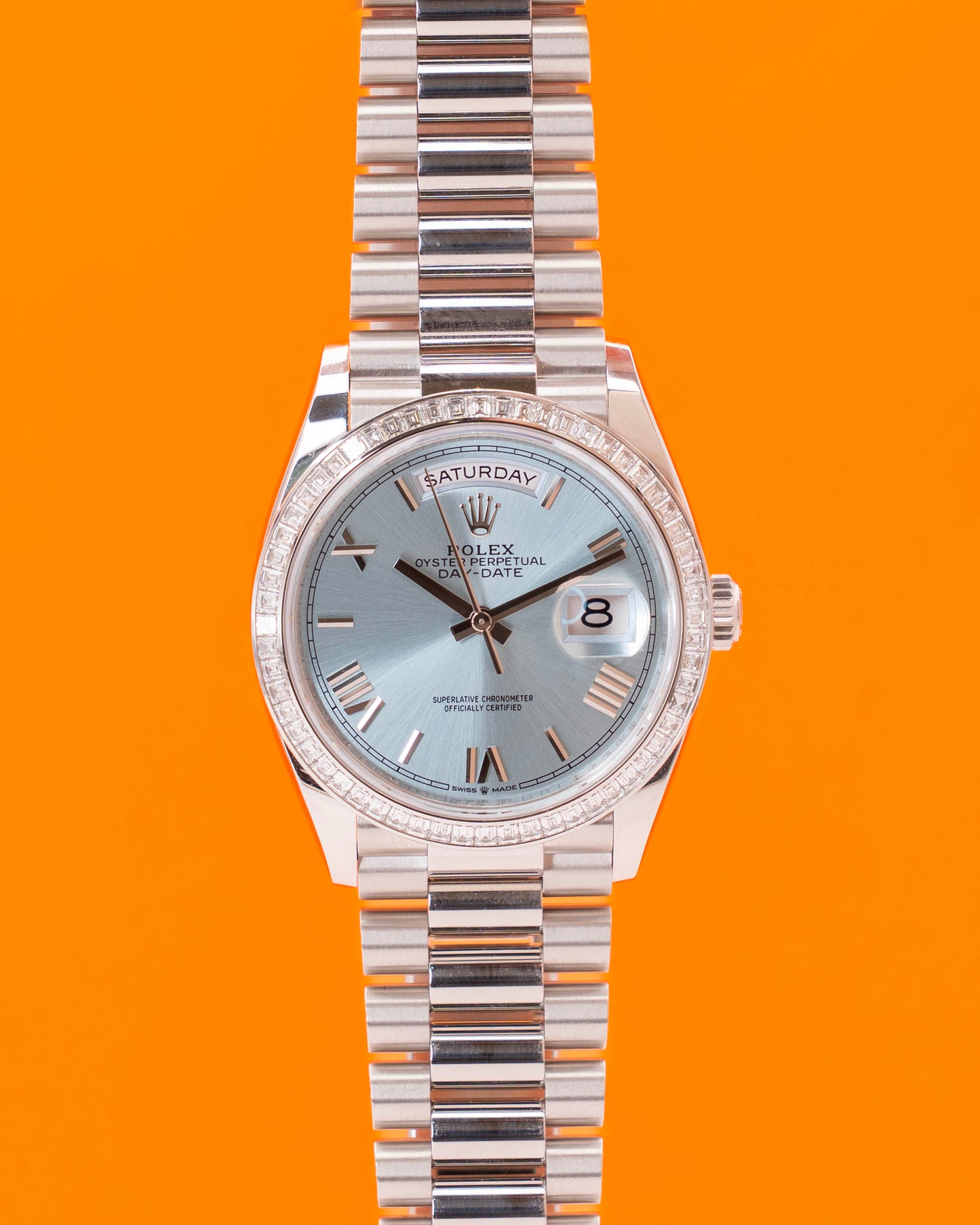 2026 UNWORN Rolex Day Date 36mm 128396TBR Platinum Ice Blue Diamond Bezel Roman Dial