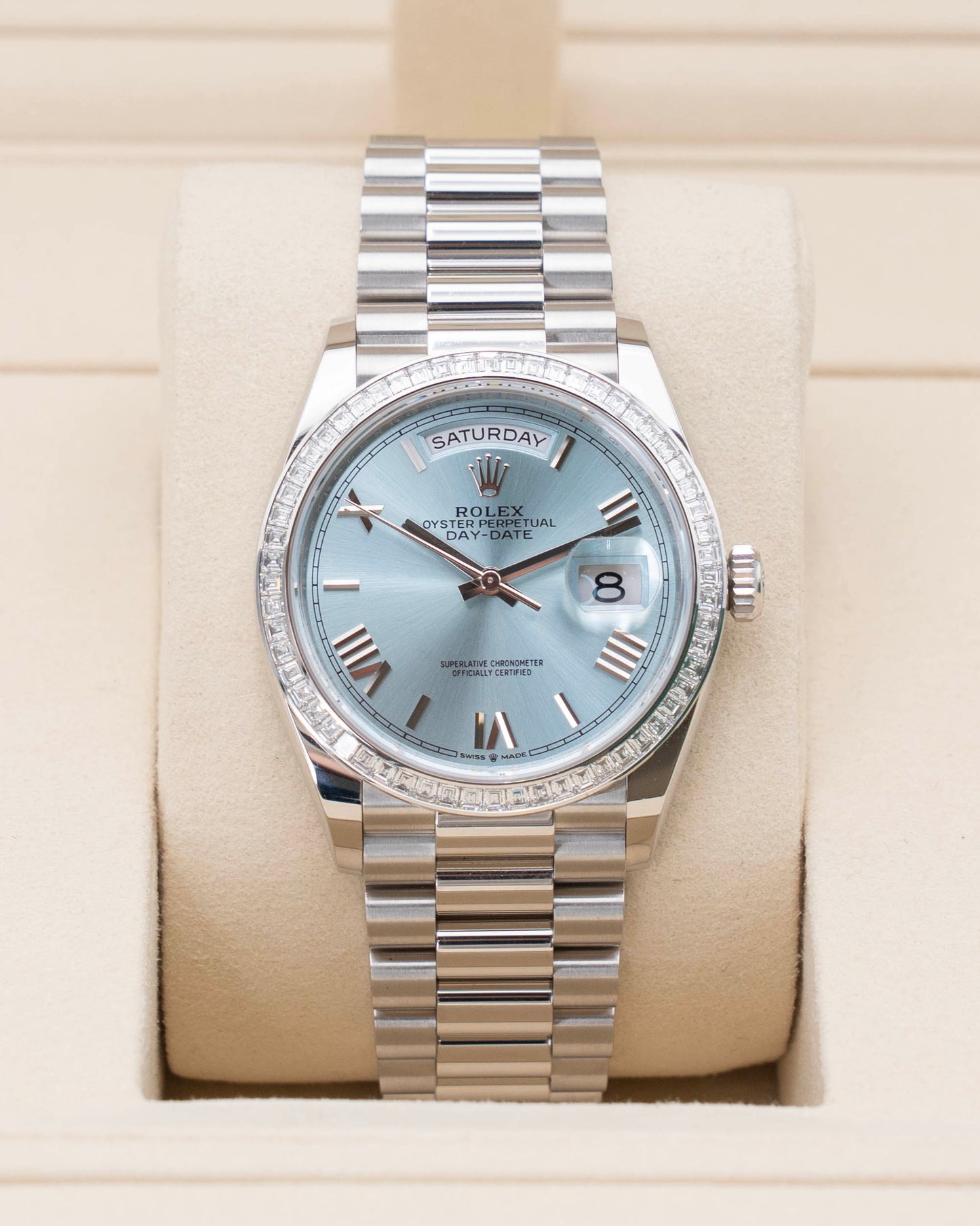 2026 UNWORN Rolex Day Date 36mm 128396TBR Platinum Ice Blue Diamond Bezel Roman Dial