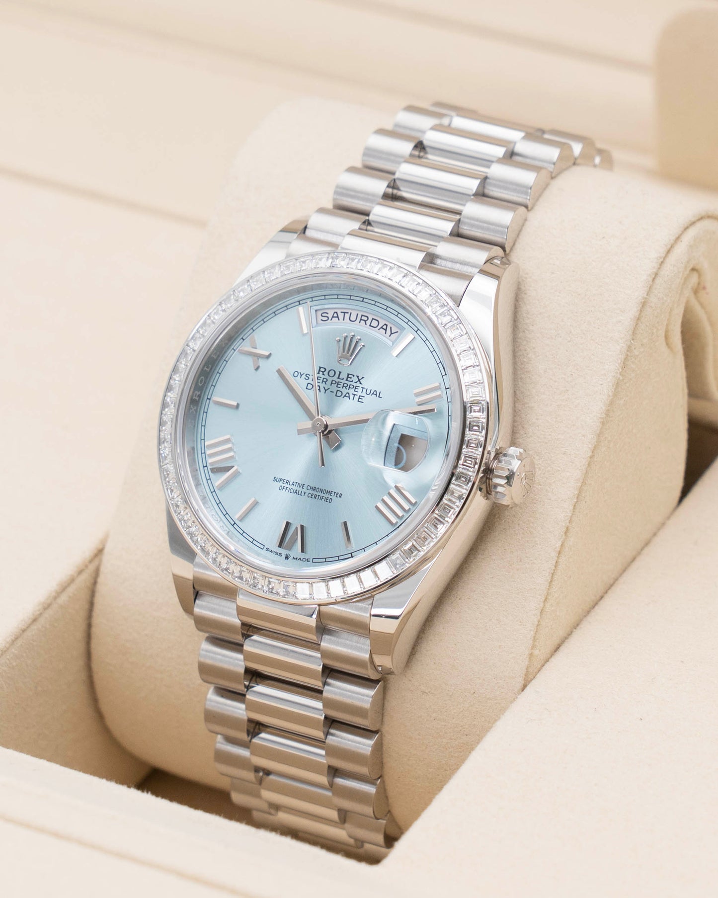 2026 UNWORN Rolex Day Date 36mm 128396TBR Platinum Ice Blue Diamond Bezel Roman Dial
