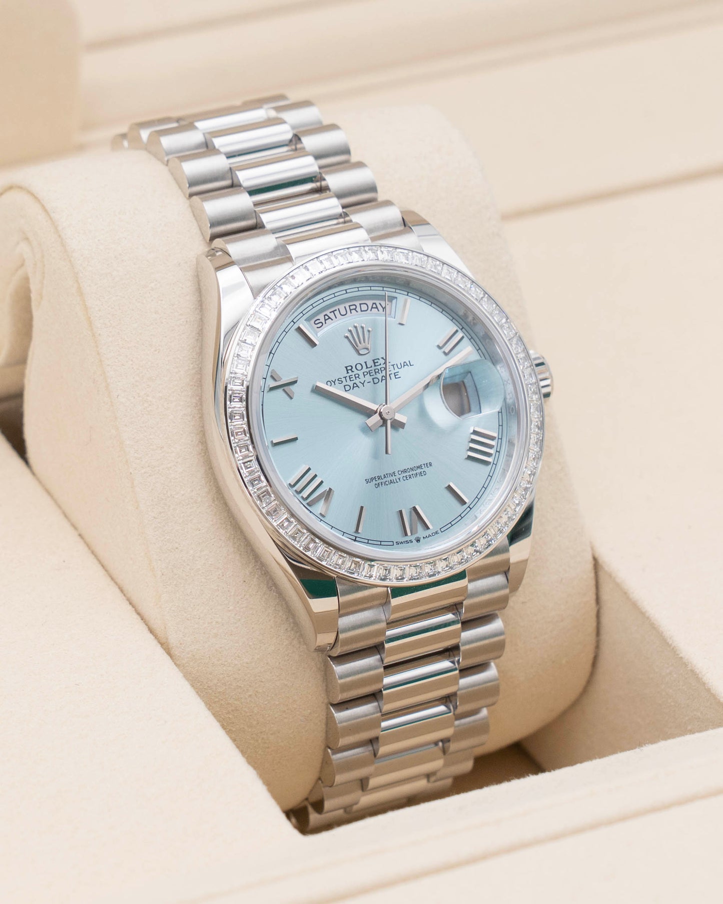 2026 UNWORN Rolex Day Date 36mm 128396TBR Platinum Ice Blue Diamond Bezel Roman Dial