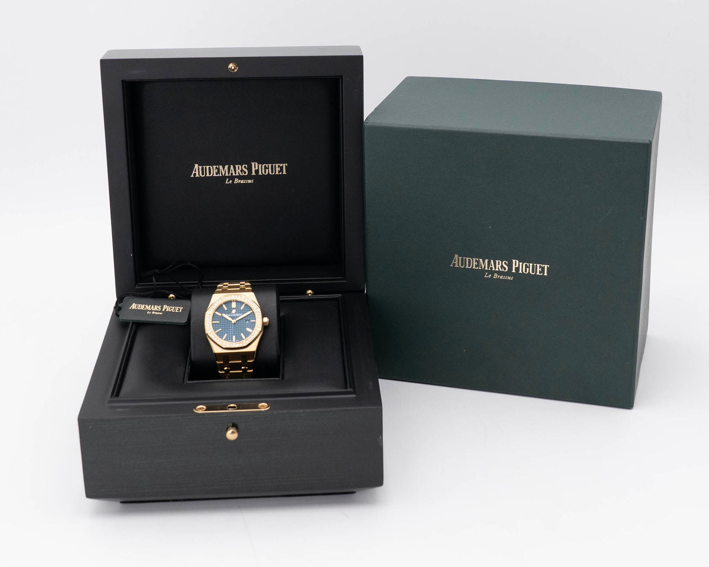 Audemars Piguet 33mm 67651BA Yellow Gold Blue Dial Diamond Bezel  (67651ba.zz.1261ba.02)