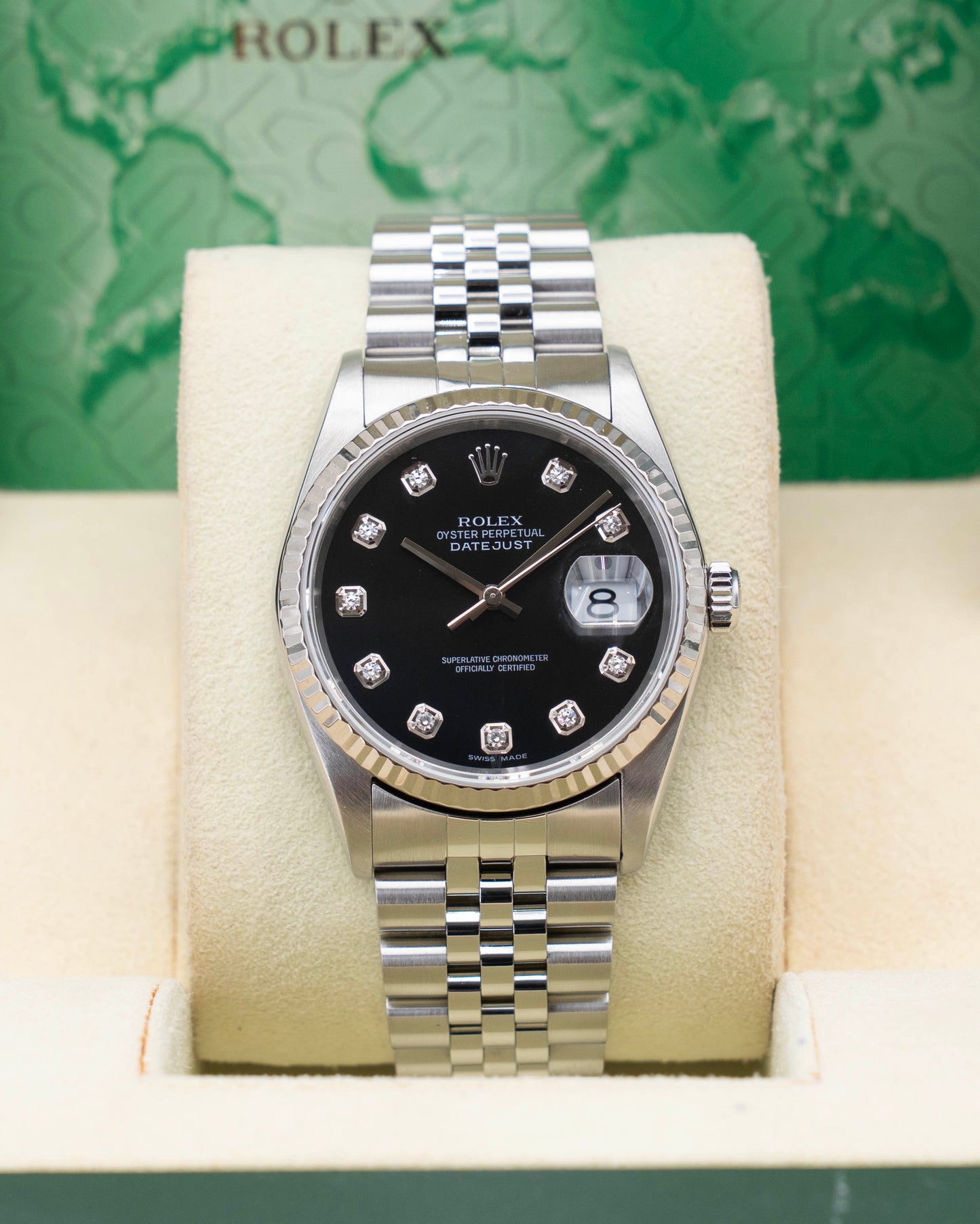 Rolex Datejust 36mm 16234 Fluted Jubilee Black Diamond Dial 2005