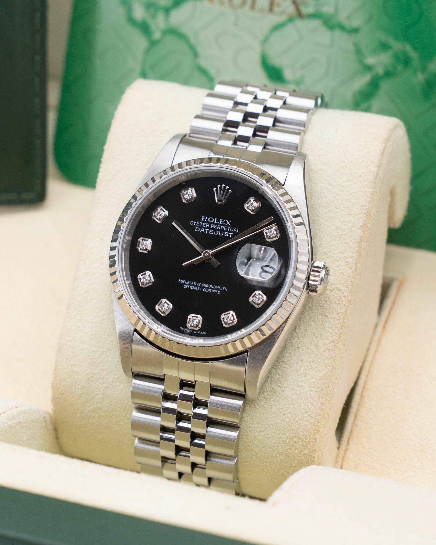 Rolex Datejust 36mm 16234 Fluted Jubilee Black Diamond Dial 2005