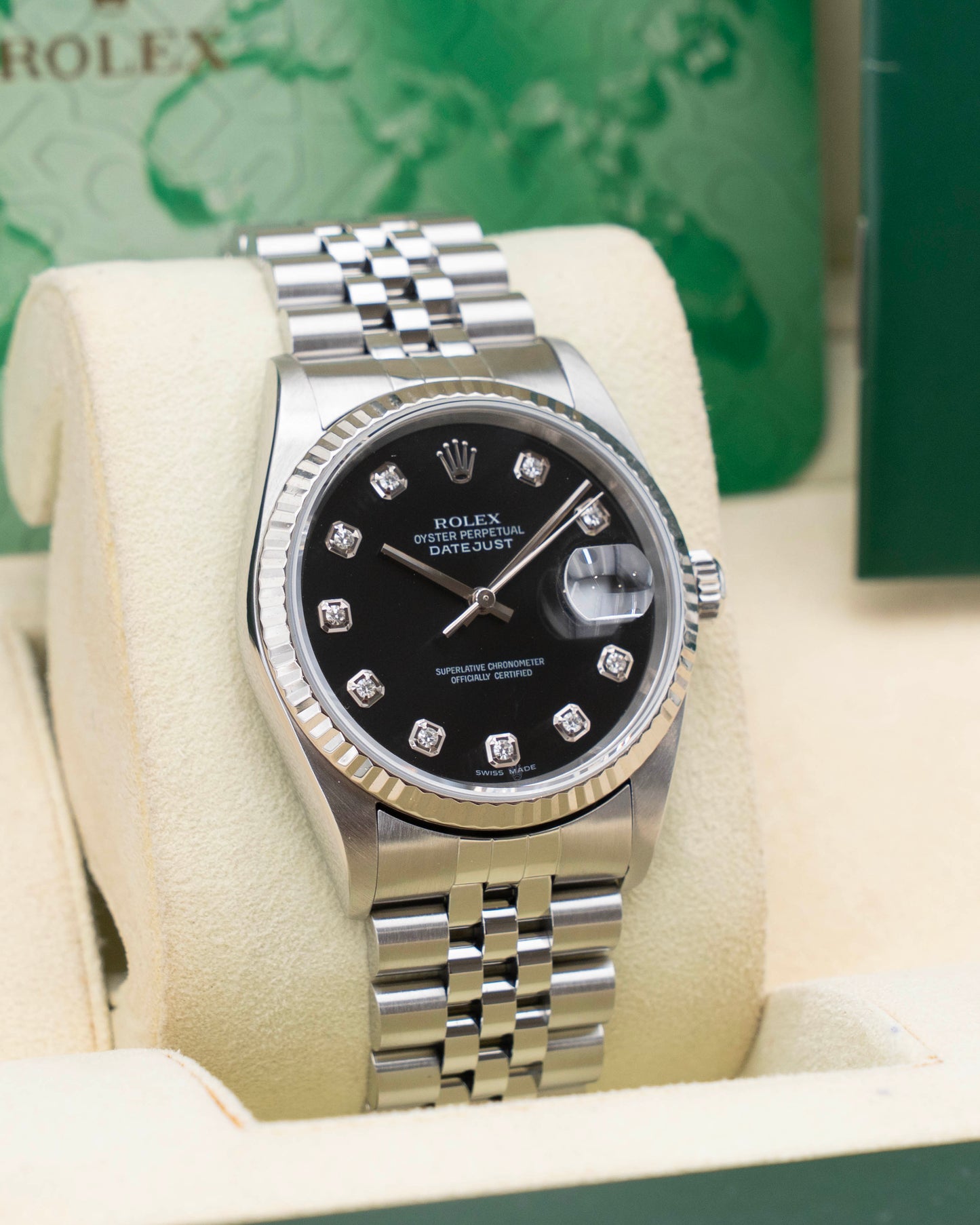 Rolex Datejust 36mm 16234 Fluted Jubilee Black Diamond Dial 2005