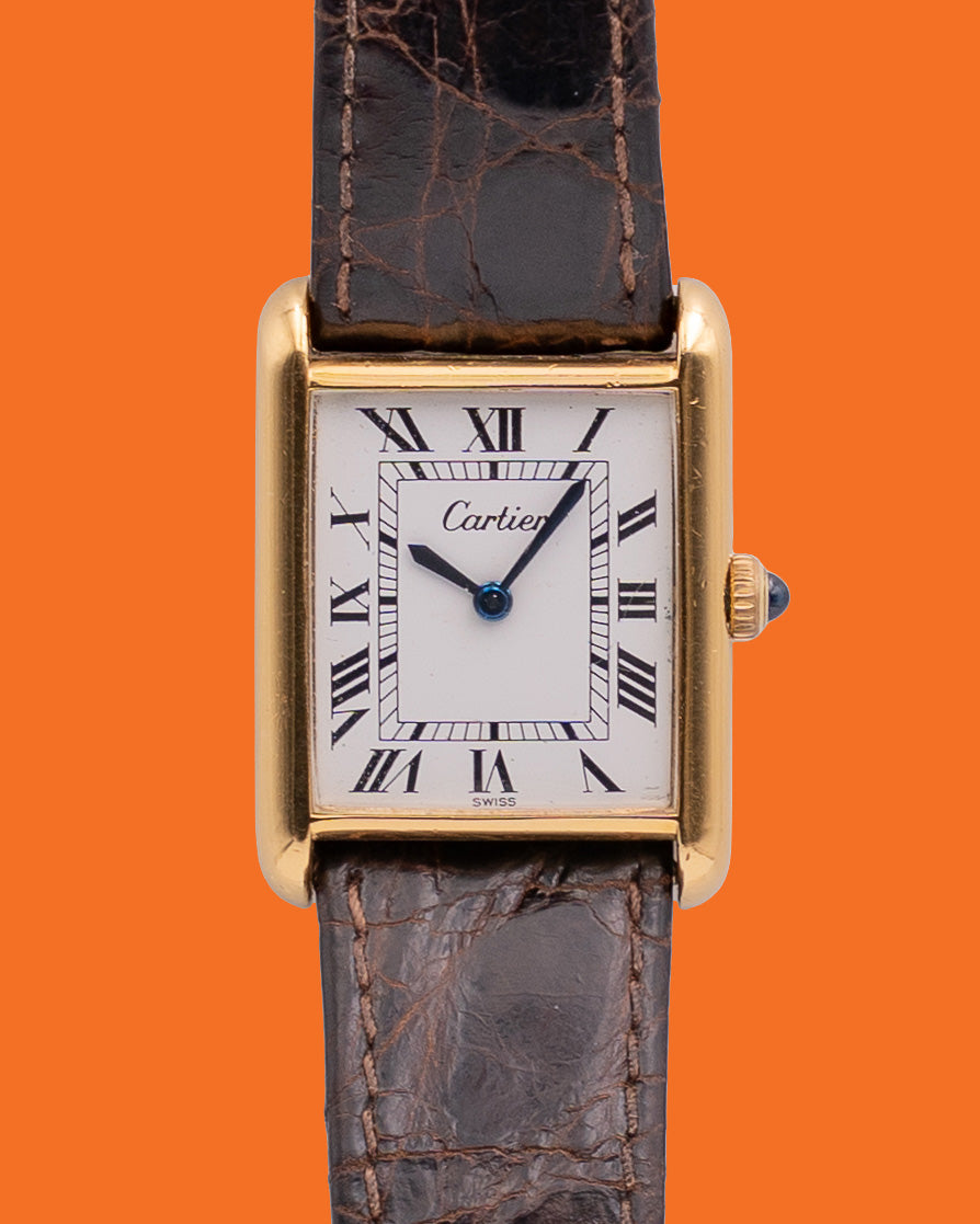 Vintage Cartier Tank 23x30mm Vermeil White Roman Dial 18KT Plated Case Acrylic Crystal Blue Cabochon