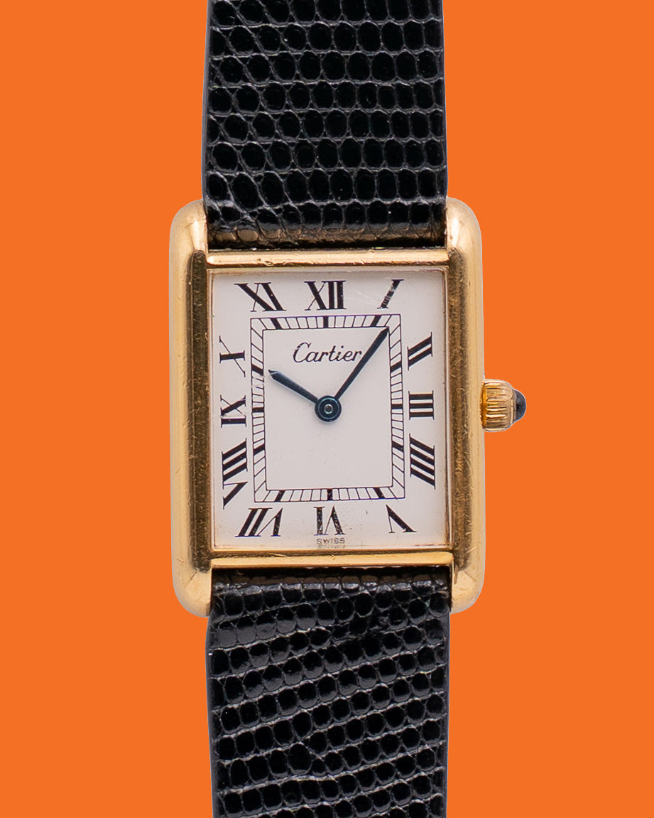 Vintage Cartier Tank 23x30mm Vermeil White Roman Black Dial 18KT Plated Case Acrylic Crystal Black Cobochon