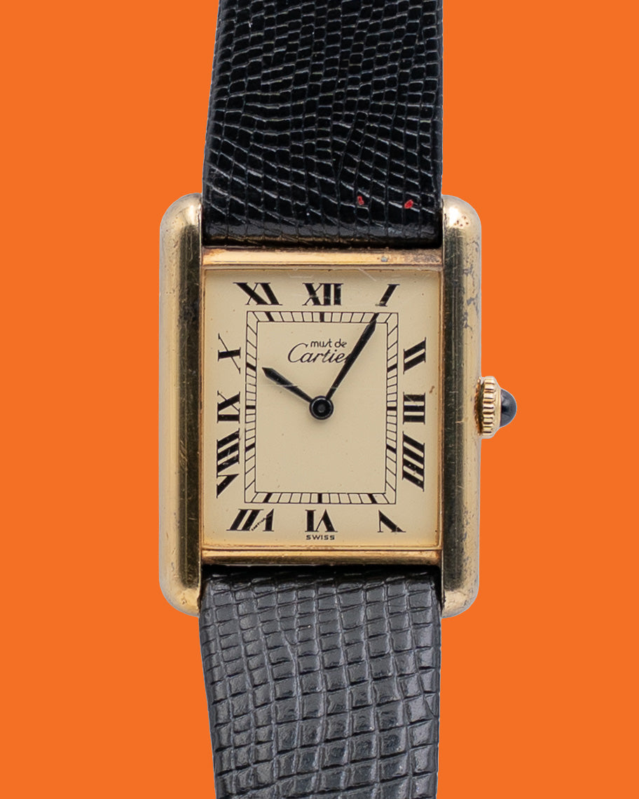 Cartier Argent 24mm 925 Ivory Roman Dial Black Leather