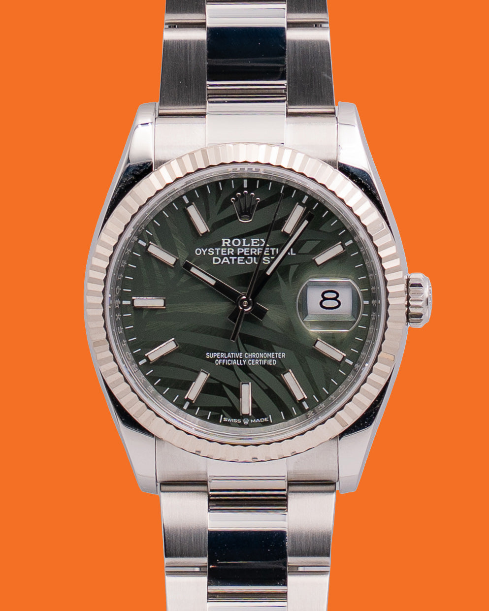 Rolex Datejust 36mm 126234 Fluted Bezel Palm Dial Oyster Bracelet 2023