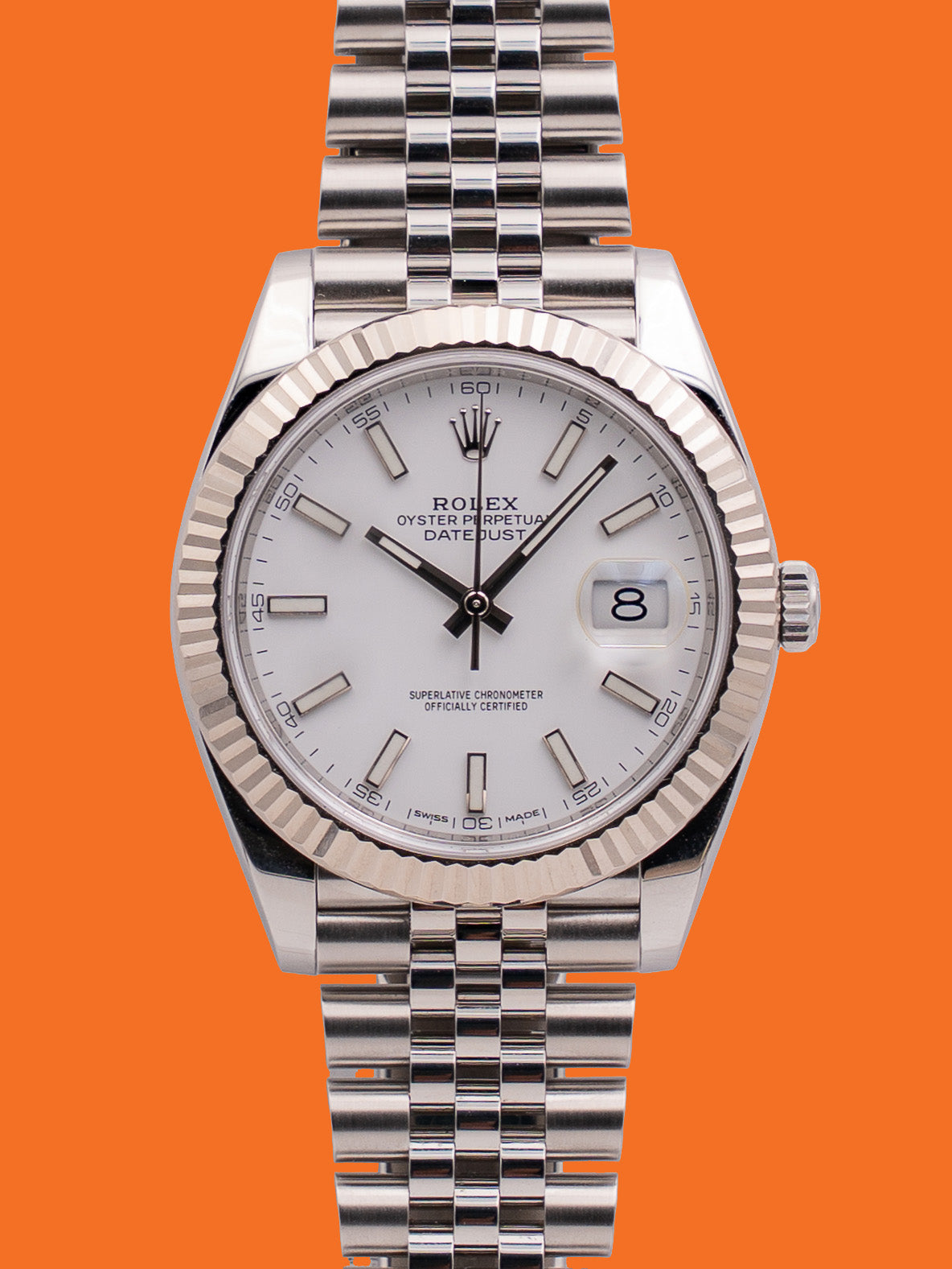 CPO Rolex Datejust 41mm 126334 White Stick Dial Fluted Jubilee 2019