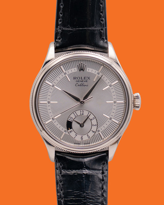 Rolex Cellini 39mm 50529 Dual Time White Dial Black Alligator Strap 2014
