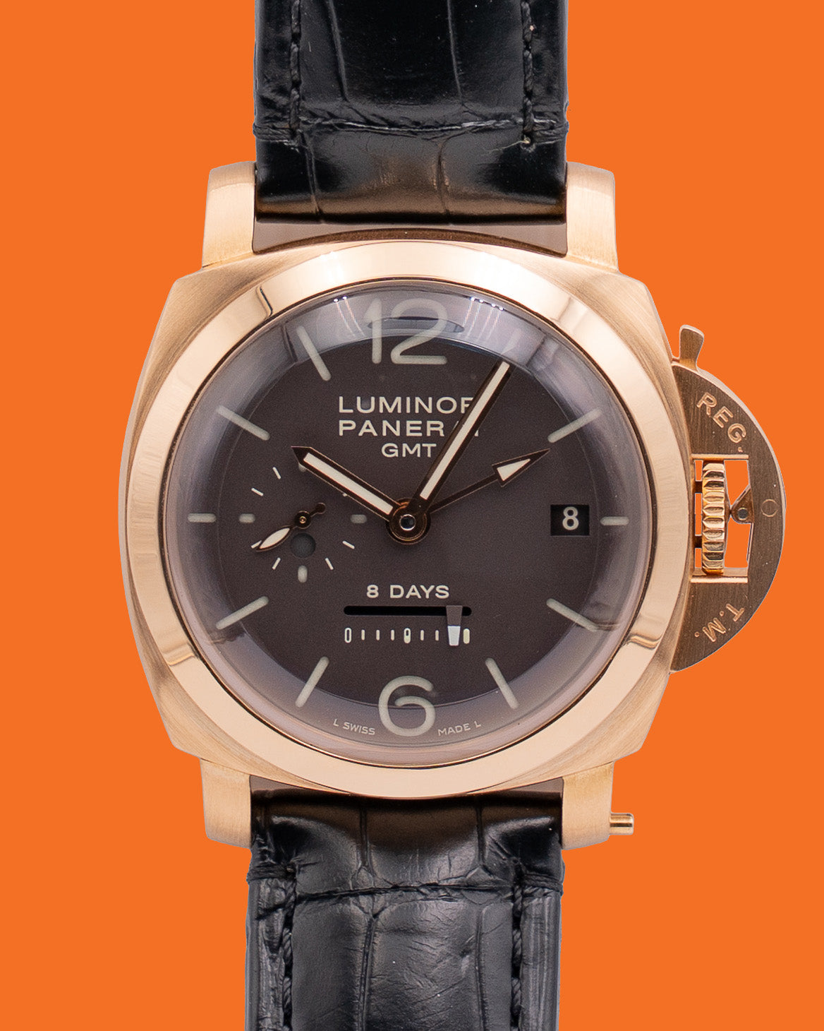 Panerai Luminor 1950 8 Days GMT 44mm PAM00289 Rose Gold Case Black Strap