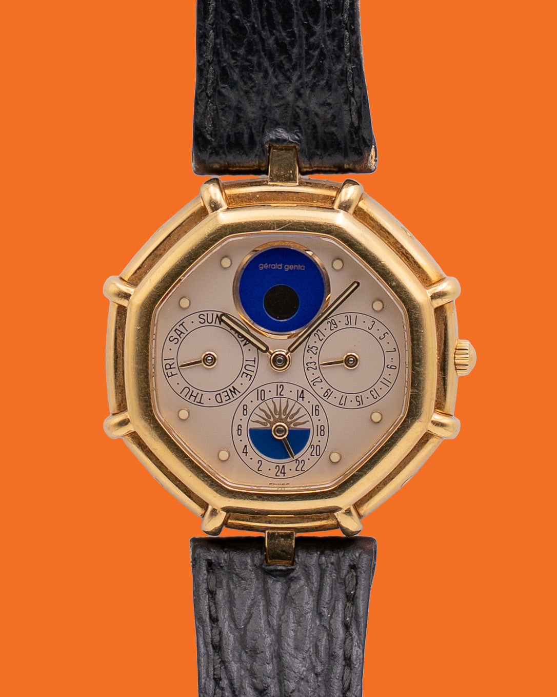 1990s Gerald Genta Maxitime Octagon g2859.7 Day Date Dual Time Lapis Monophase Quartz