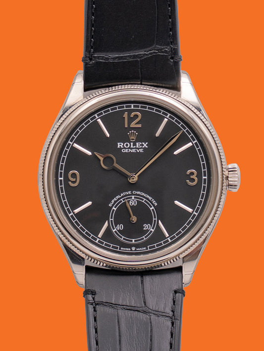 Rolex Cellini 39mm 50529 Dual Time White Gold  Black Dial Alligator Strap 2025