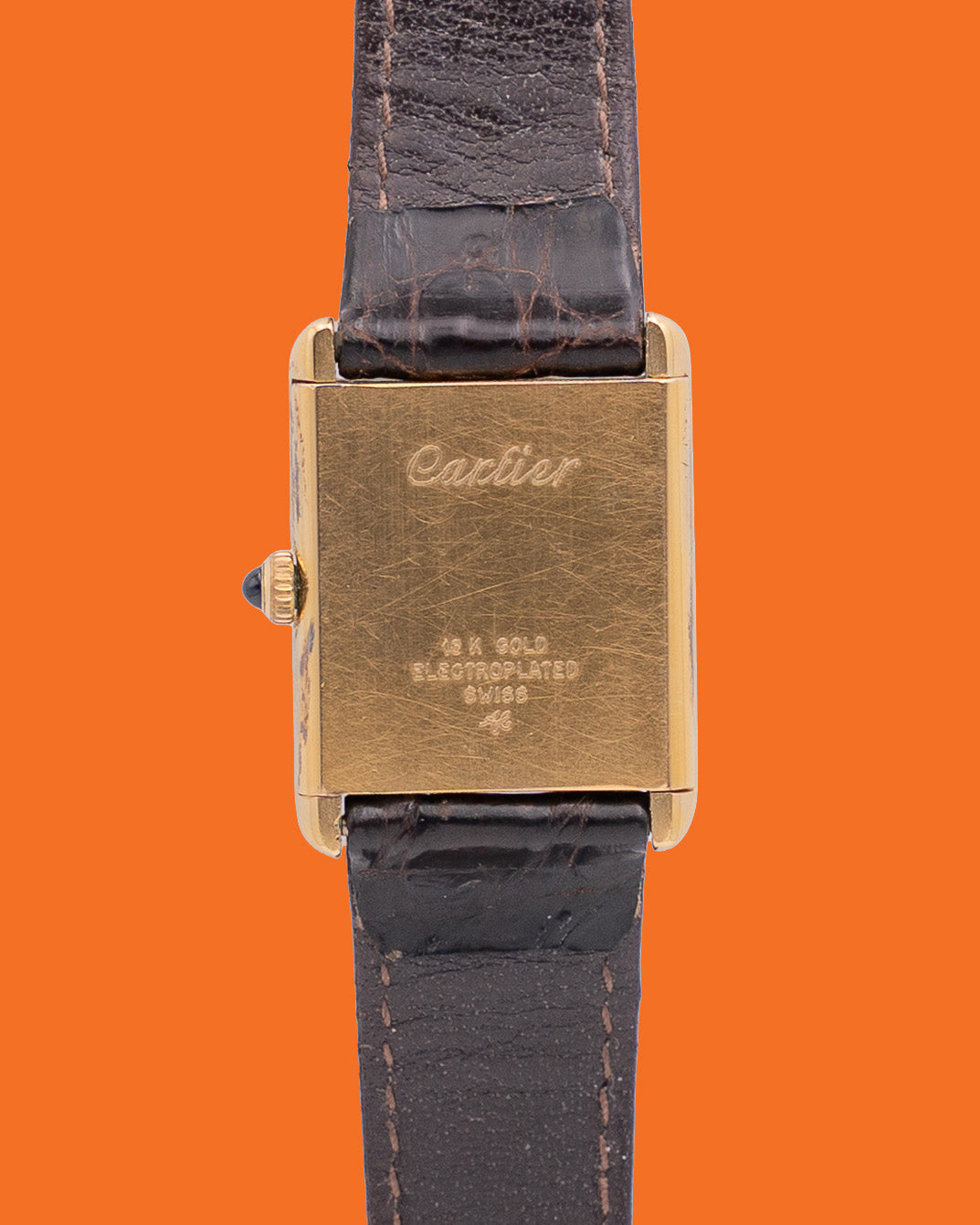 Vintage Cartier Tank 23x30mm Vermeil White Roman Dial 18KT Plated Case Acrylic Crystal Blue Cabochon