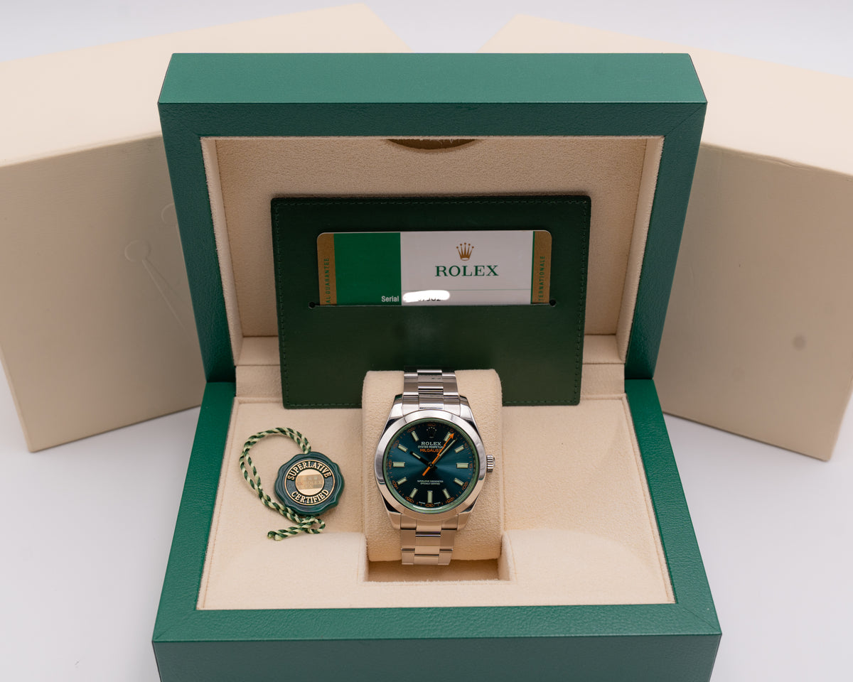 Rolex Milgauss 40mm 116400GV Green Crystal Blue Dial 2019