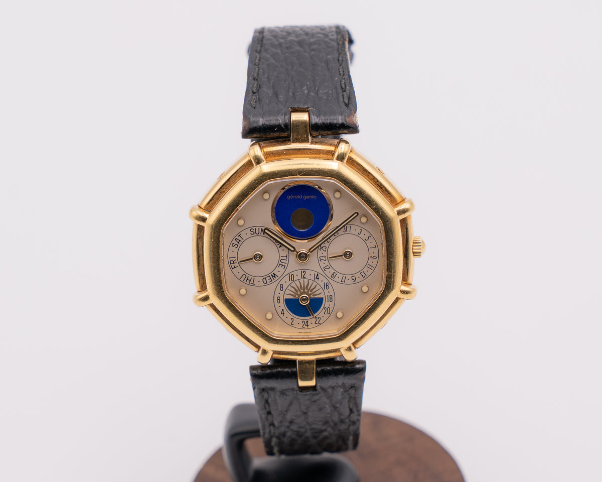 1990s Gerald Genta Maxitime Octagon g2859.7 Day Date Dual Time Lapis Monophase Quartz