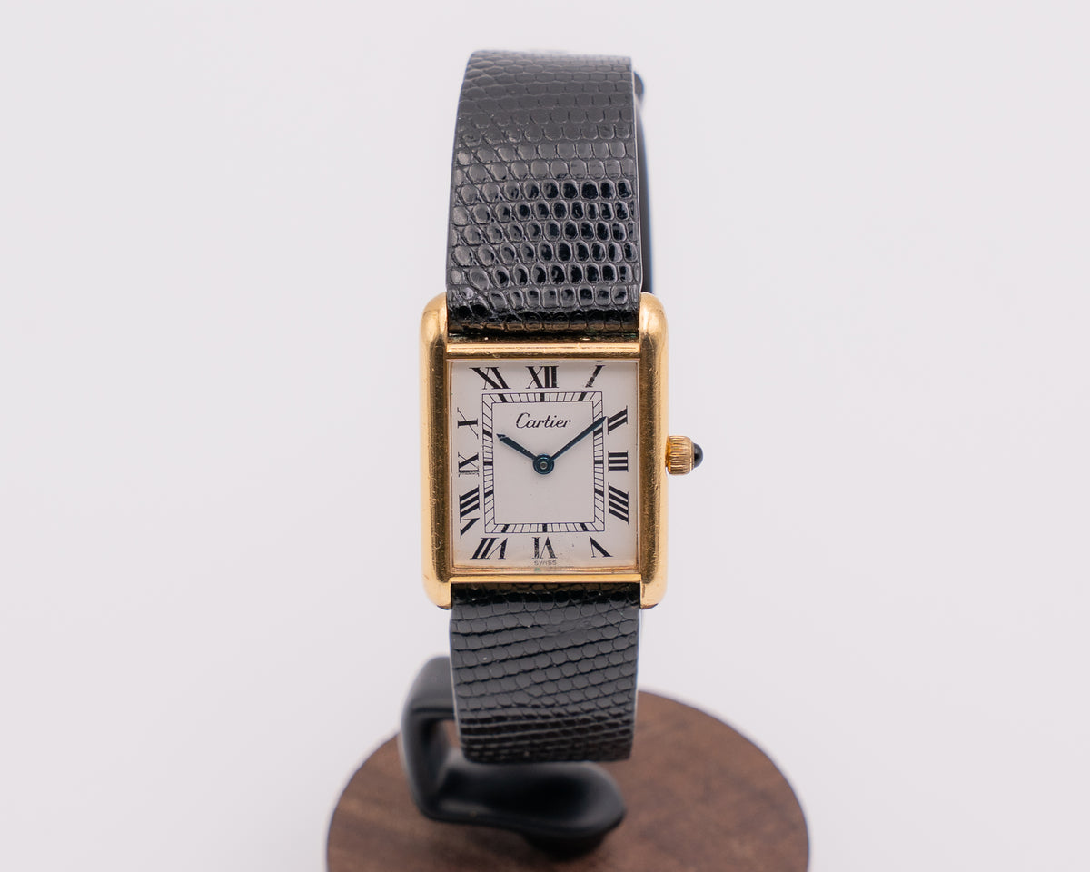 Vintage Cartier Tank 23x30mm Vermeil White Roman Black Dial 18KT Plated Case Acrylic Crystal Black Cobochon
