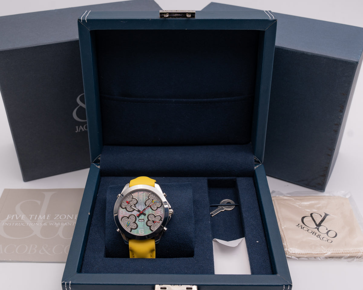 Jacob & Co Five Time Zone Mother of Pearl Diamond Flowers Yellow Strap