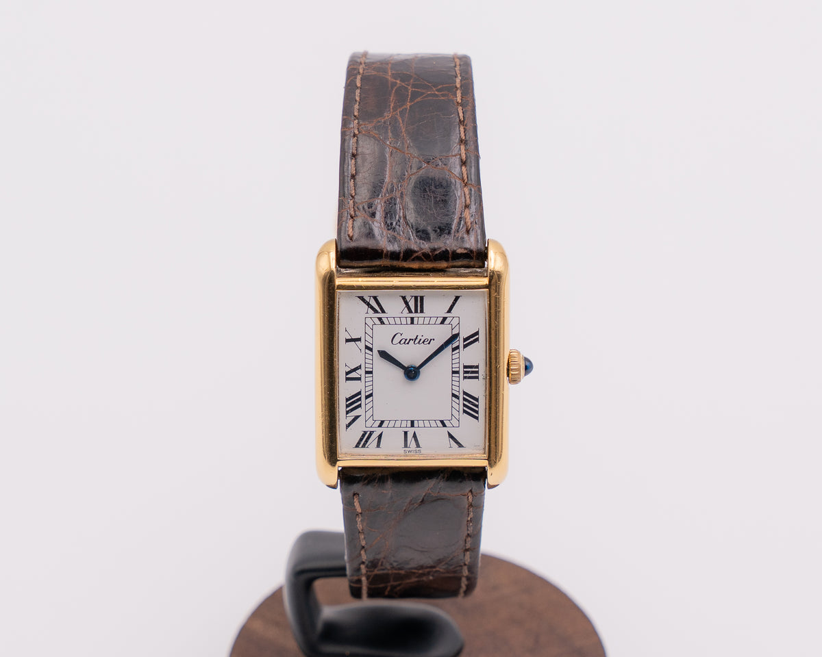 Vintage Cartier Tank 23x30mm Vermeil White Roman Dial 18KT Plated Case Acrylic Crystal Blue Cabochon