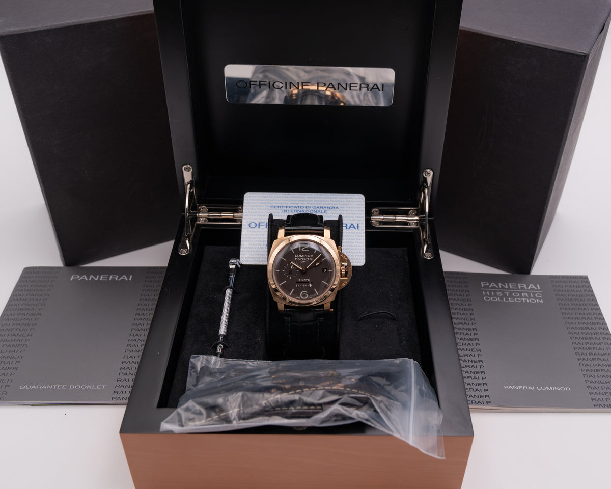 Panerai Luminor 1950 8 Days GMT 44mm PAM00289 Rose Gold Case Black Strap