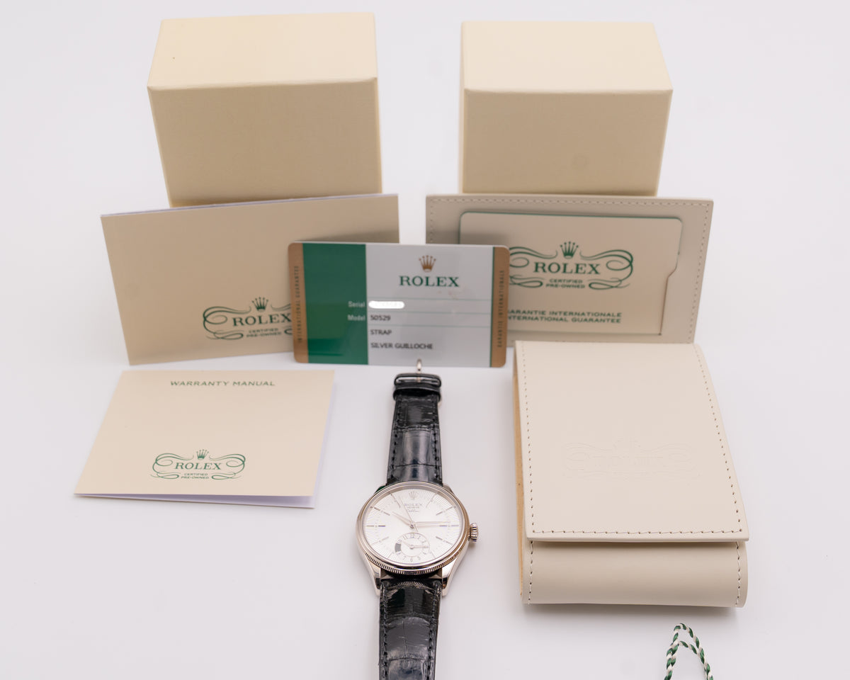 Rolex Cellini 39mm 50529 Dual Time White Dial Black Alligator Strap 2014