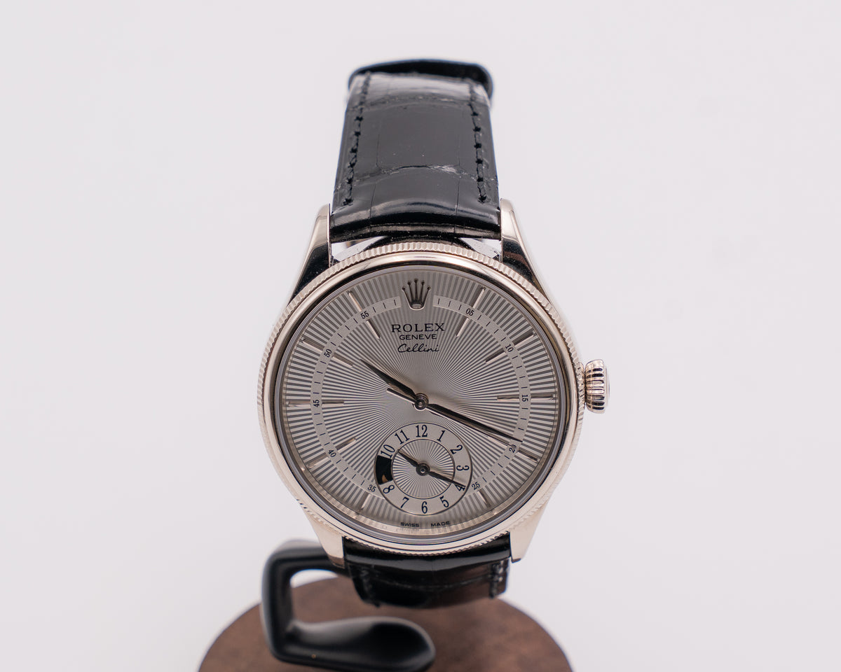 Rolex Cellini 39mm 50529 Dual Time White Dial Black Alligator Strap 2014