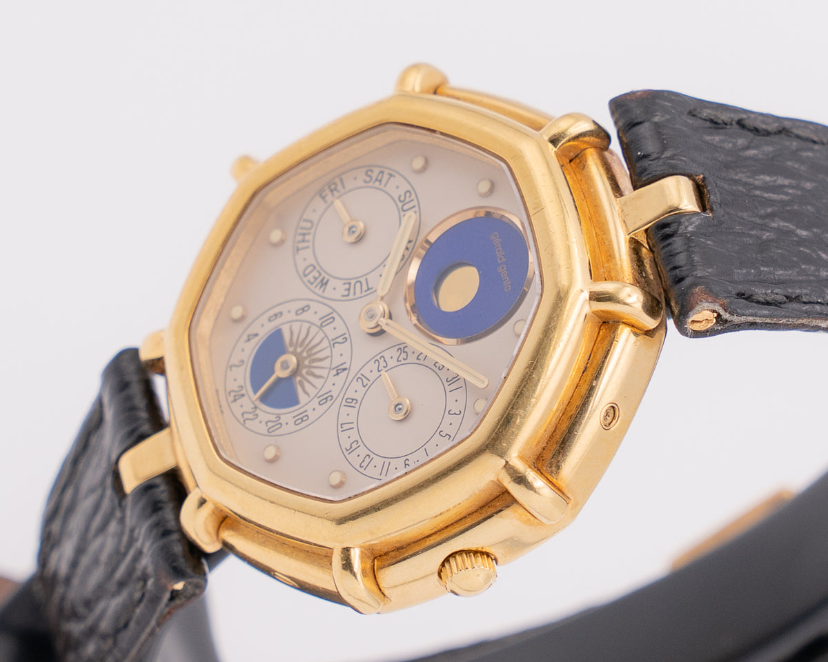 1990s Gerald Genta Maxitime Octagon g2859.7 Day Date Dual Time Lapis Monophase Quartz