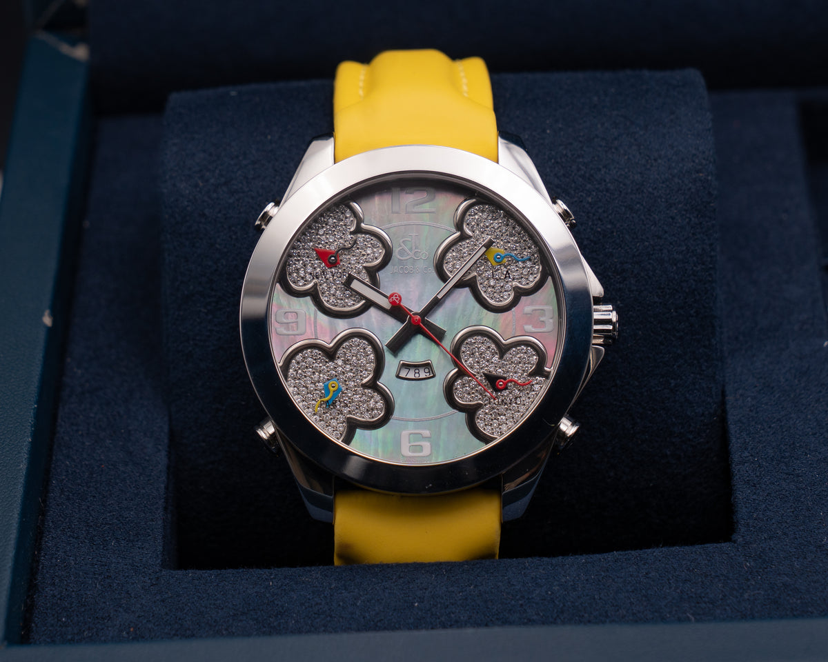 Jacob & Co Five Time Zone Mother of Pearl Diamond Flowers Yellow Strap