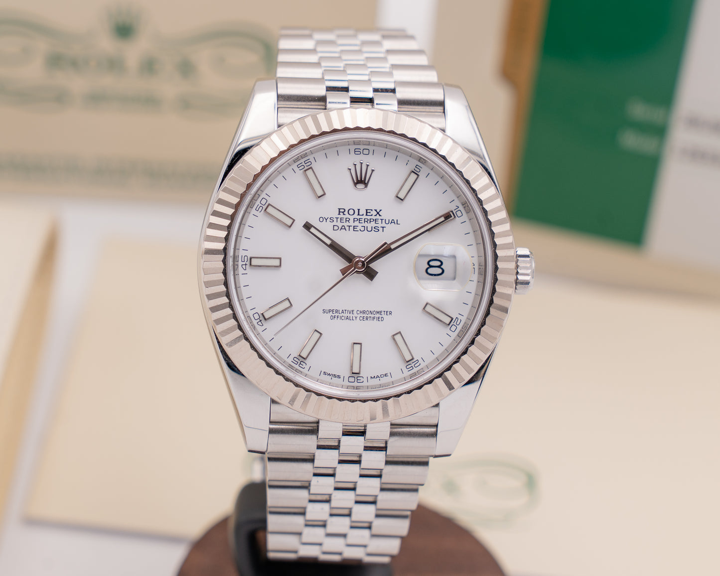 CPO Rolex Datejust 41mm 126334 White Stick Dial Fluted Jubilee 2019