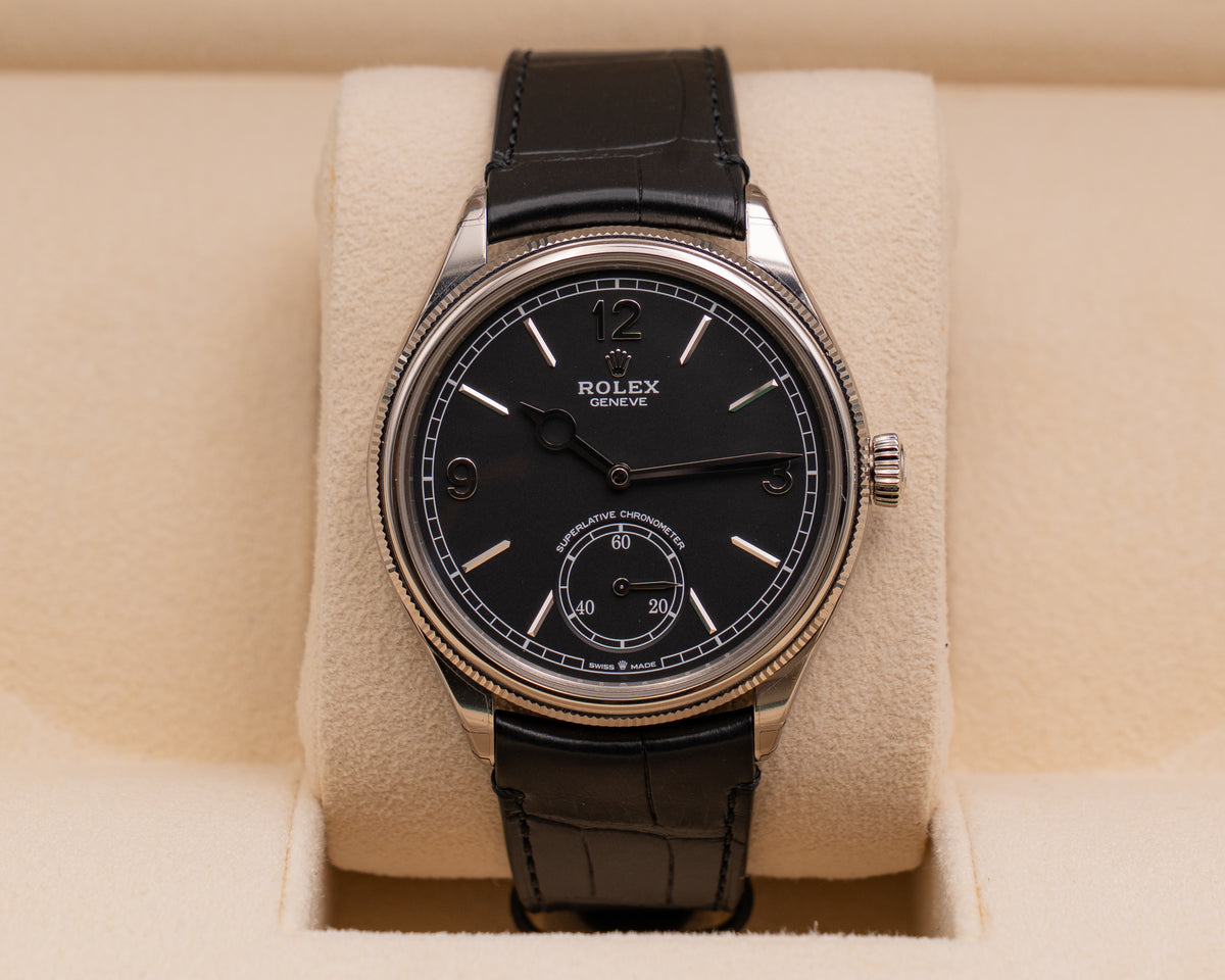 Rolex Cellini 39mm 50529 Dual Time White Gold  Black Dial Alligator Strap 2025