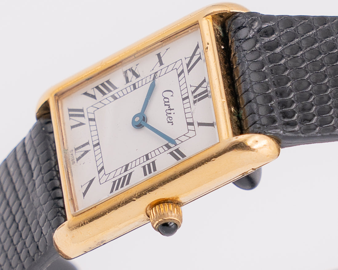 Vintage Cartier Tank 23x30mm Vermeil White Roman Black Dial 18KT Plated Case Acrylic Crystal Black Cobochon