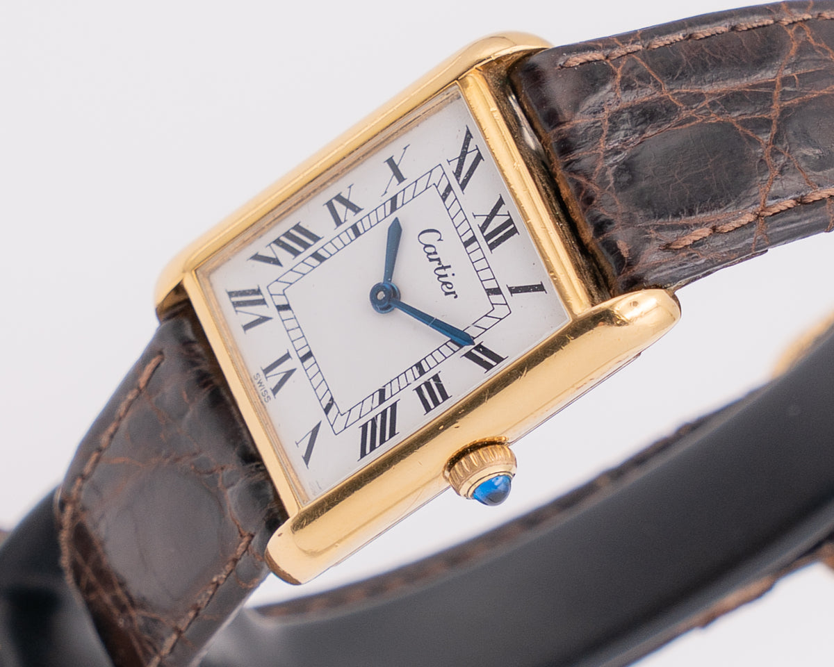 Vintage Cartier Tank 23x30mm Vermeil White Roman Dial 18KT Plated Case Acrylic Crystal Blue Cabochon