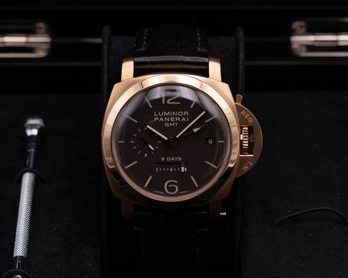 Panerai Luminor 1950 8 Days GMT 44mm PAM00289 Rose Gold Case Black Strap