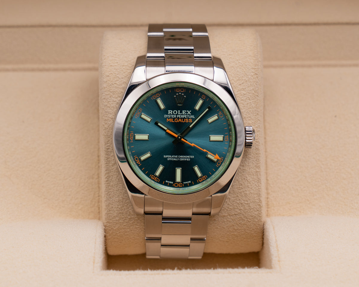 Rolex Milgauss 40mm 116400GV Green Crystal Blue Dial 2019