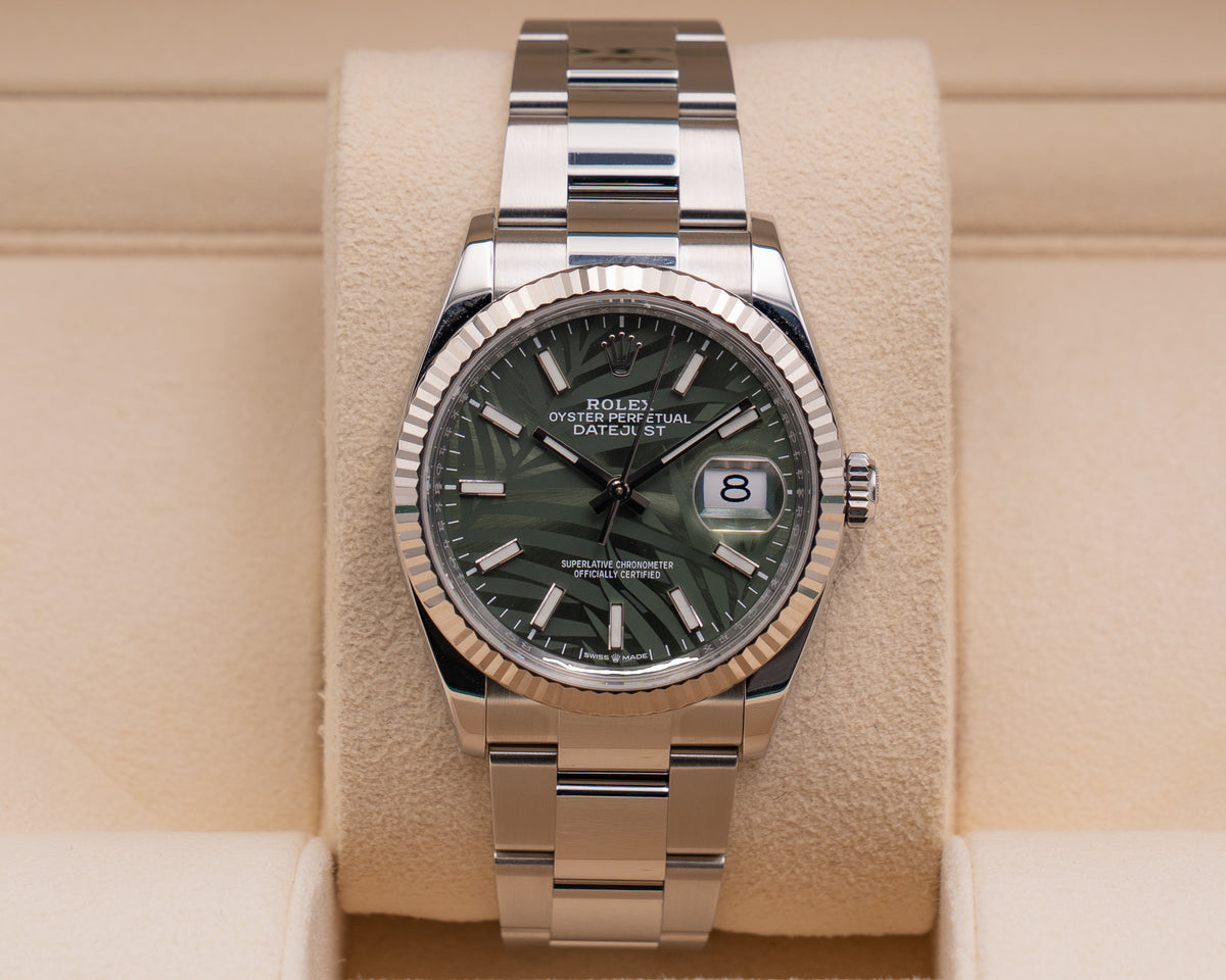 Rolex Datejust 36mm 126234 Fluted Bezel Palm Dial Oyster Bracelet 2023