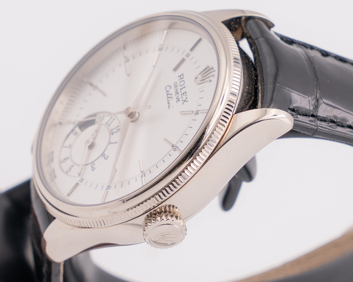 Rolex Cellini 39mm 50529 Dual Time White Dial Black Alligator Strap 2014