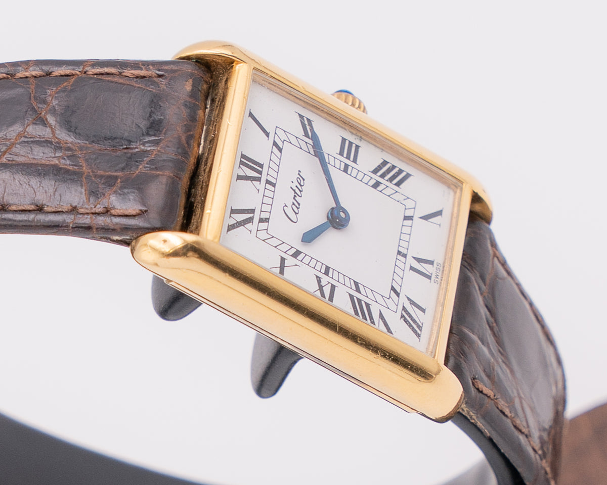 Vintage Cartier Tank 23x30mm Vermeil White Roman Dial 18KT Plated Case Acrylic Crystal Blue Cabochon