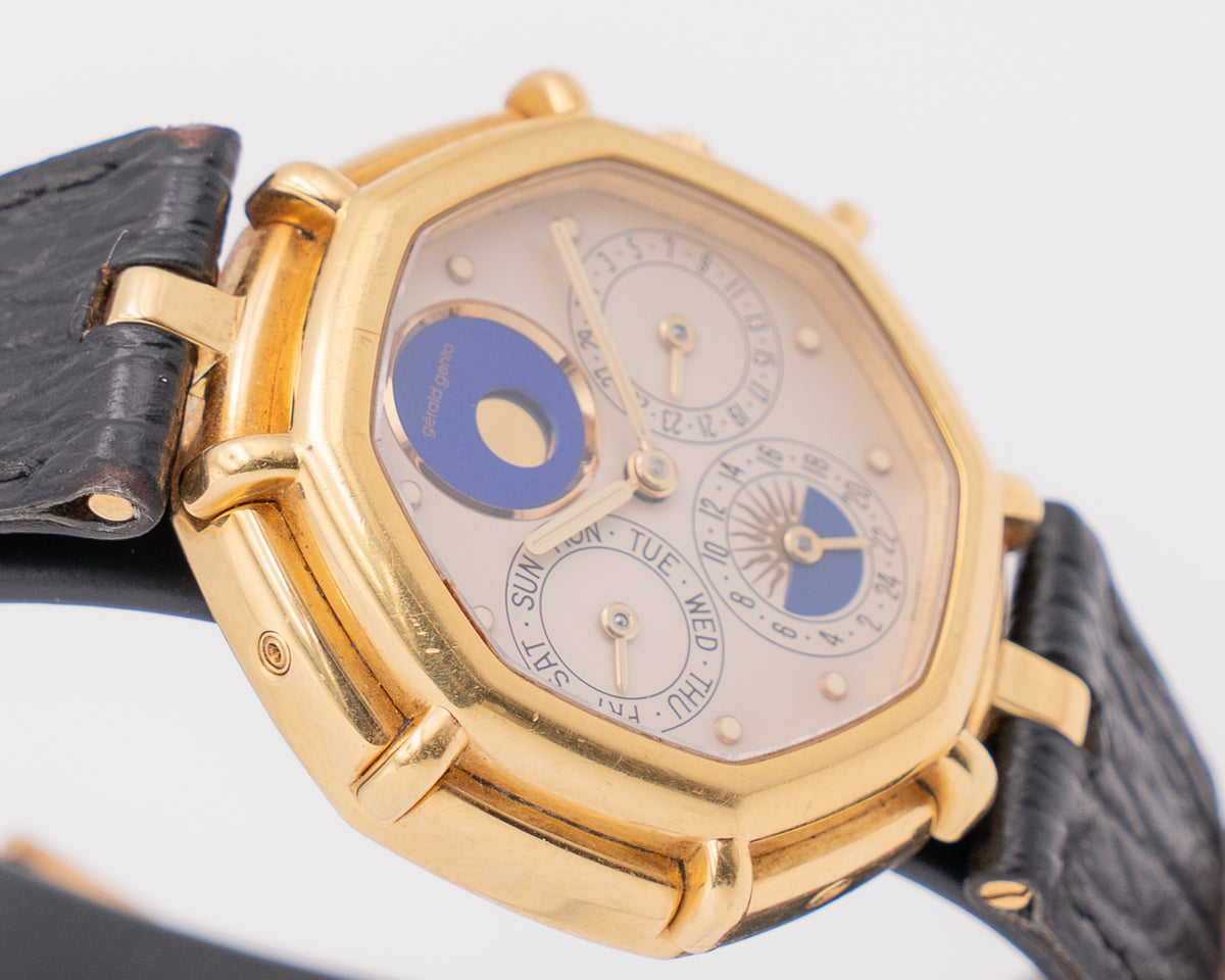 1990s Gerald Genta Maxitime Octagon g2859.7 Day Date Dual Time Lapis Monophase Quartz