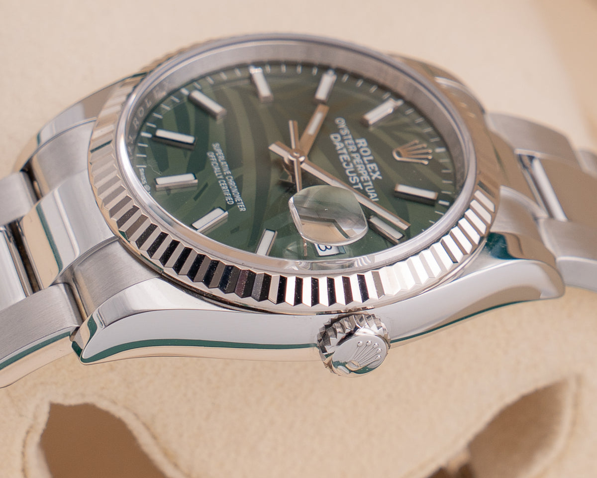 Rolex Datejust 36mm 126234 Fluted Bezel Palm Dial Oyster Bracelet 2023