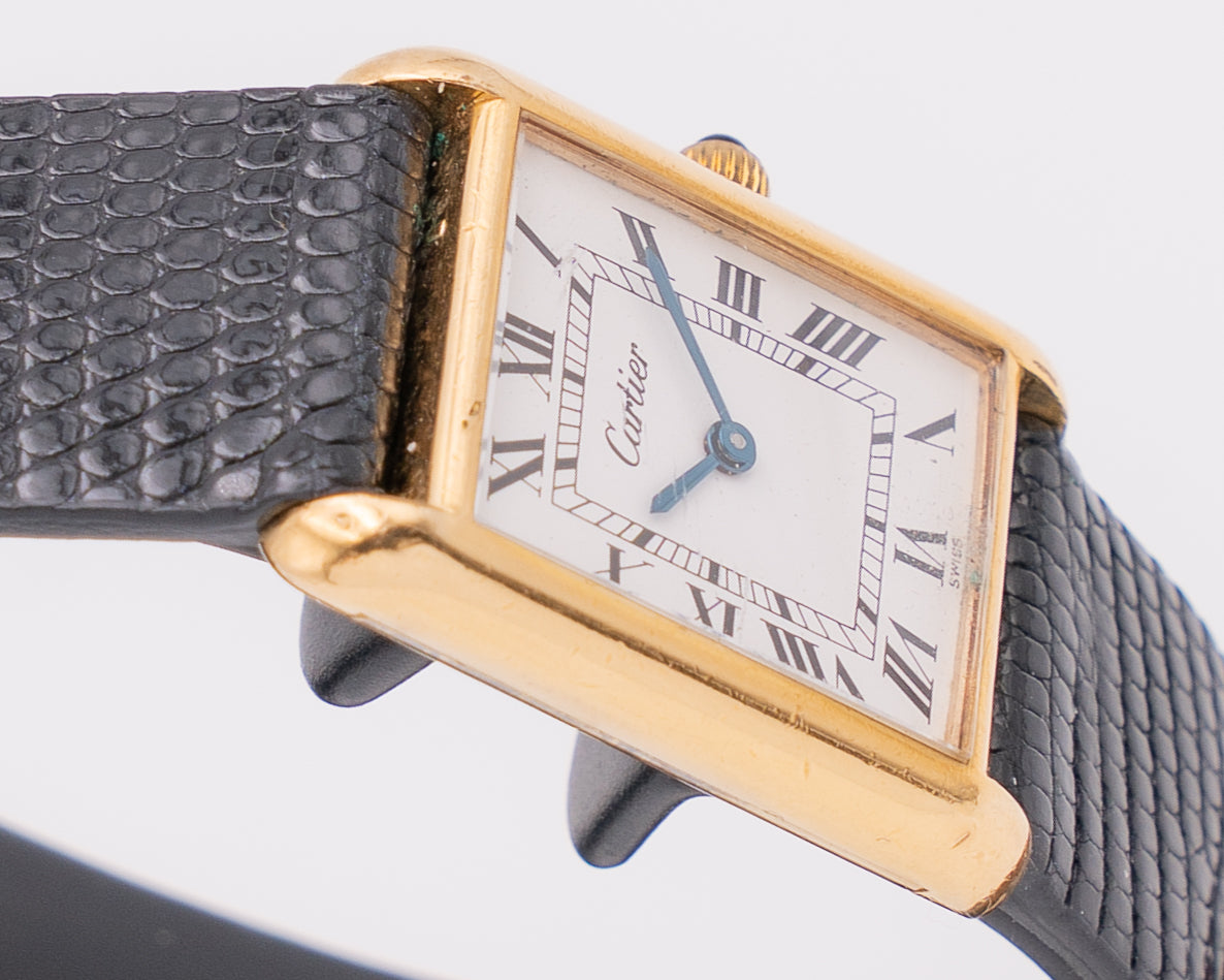 Vintage Cartier Tank 23x30mm Vermeil White Roman Black Dial 18KT Plated Case Acrylic Crystal Black Cobochon